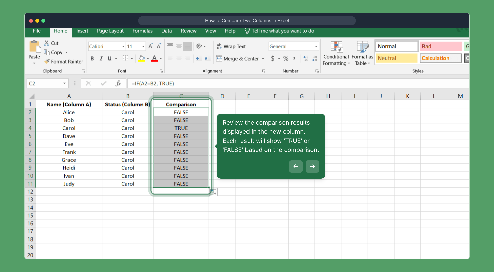 How to Compare Two Columns in Excel