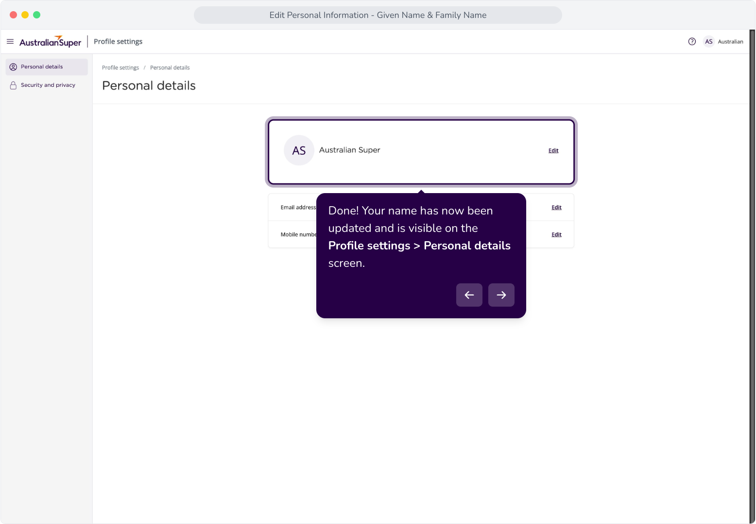Edit Personal Information - Given Name & Family Name – AustralianSuper