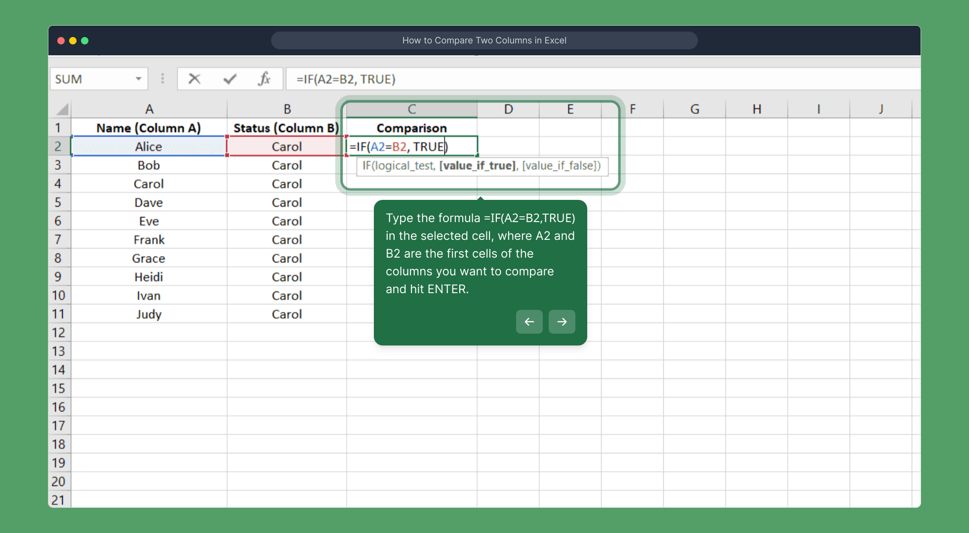 How to Compare Two Columns in Excel